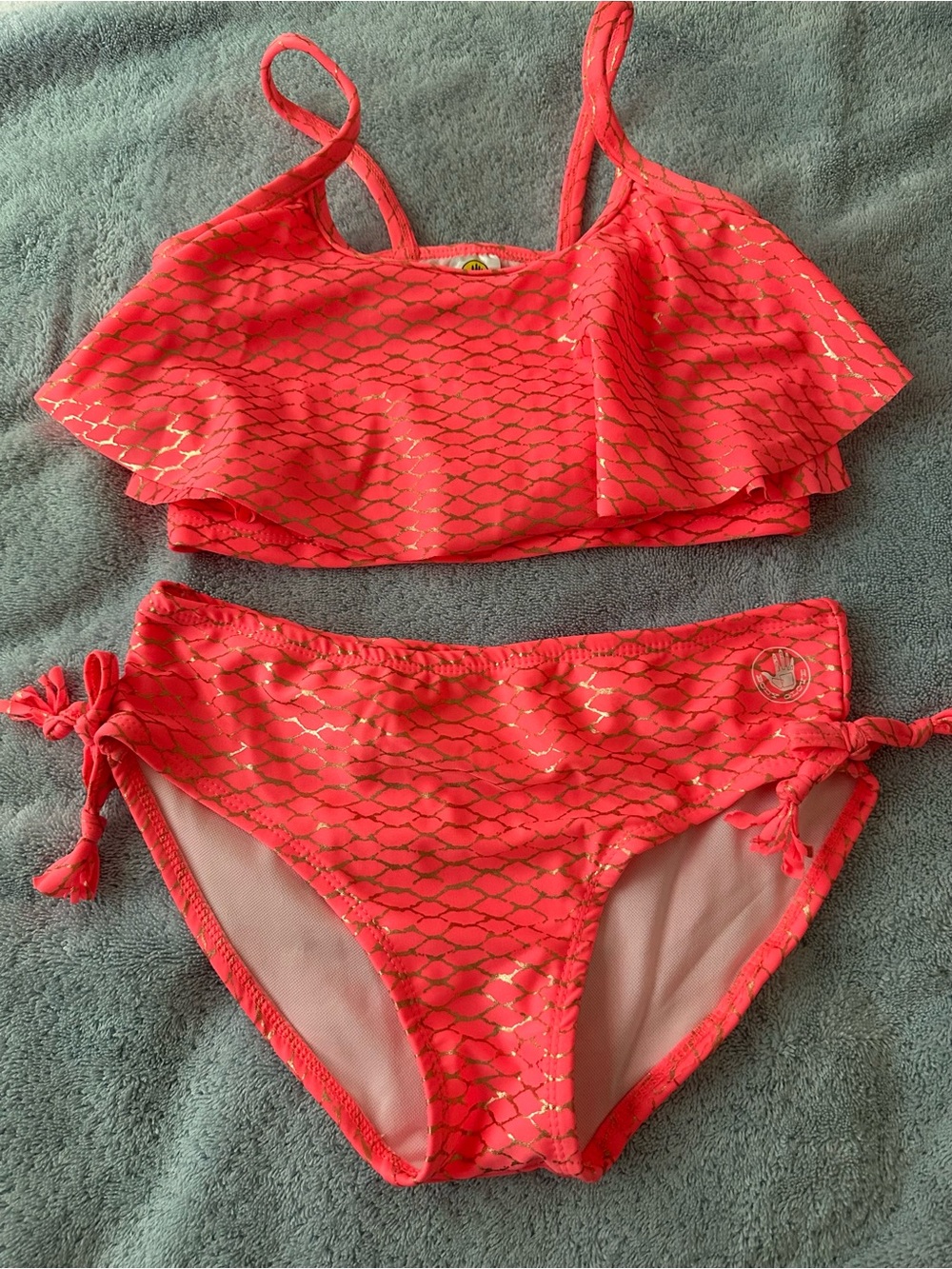 Body Glove Coral Pink Ruffle Bikini with Gold Scale Detail
